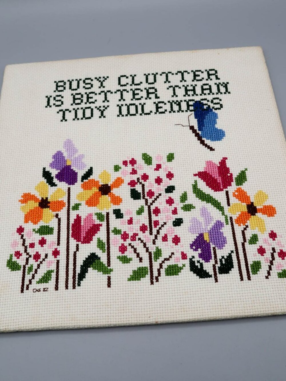 Vtg Handmade Cross Stitch Embroidery Art Floral Butterfly Colorful Cottage 11.5"